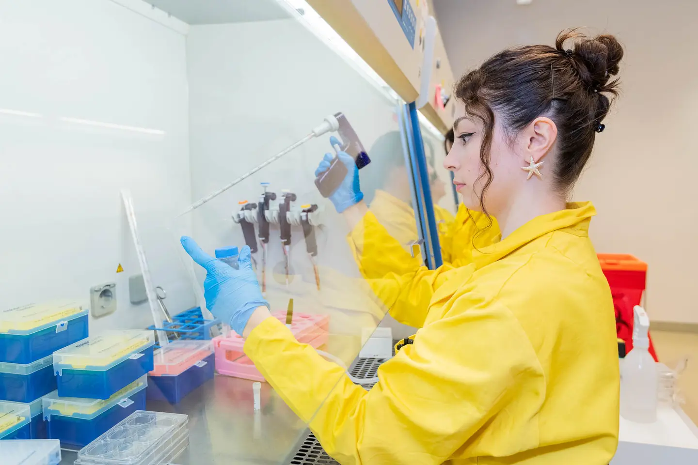 Forscherin pipettiert sorgfaeltig unter der Sterilbank im Biotech-Labor, Wien