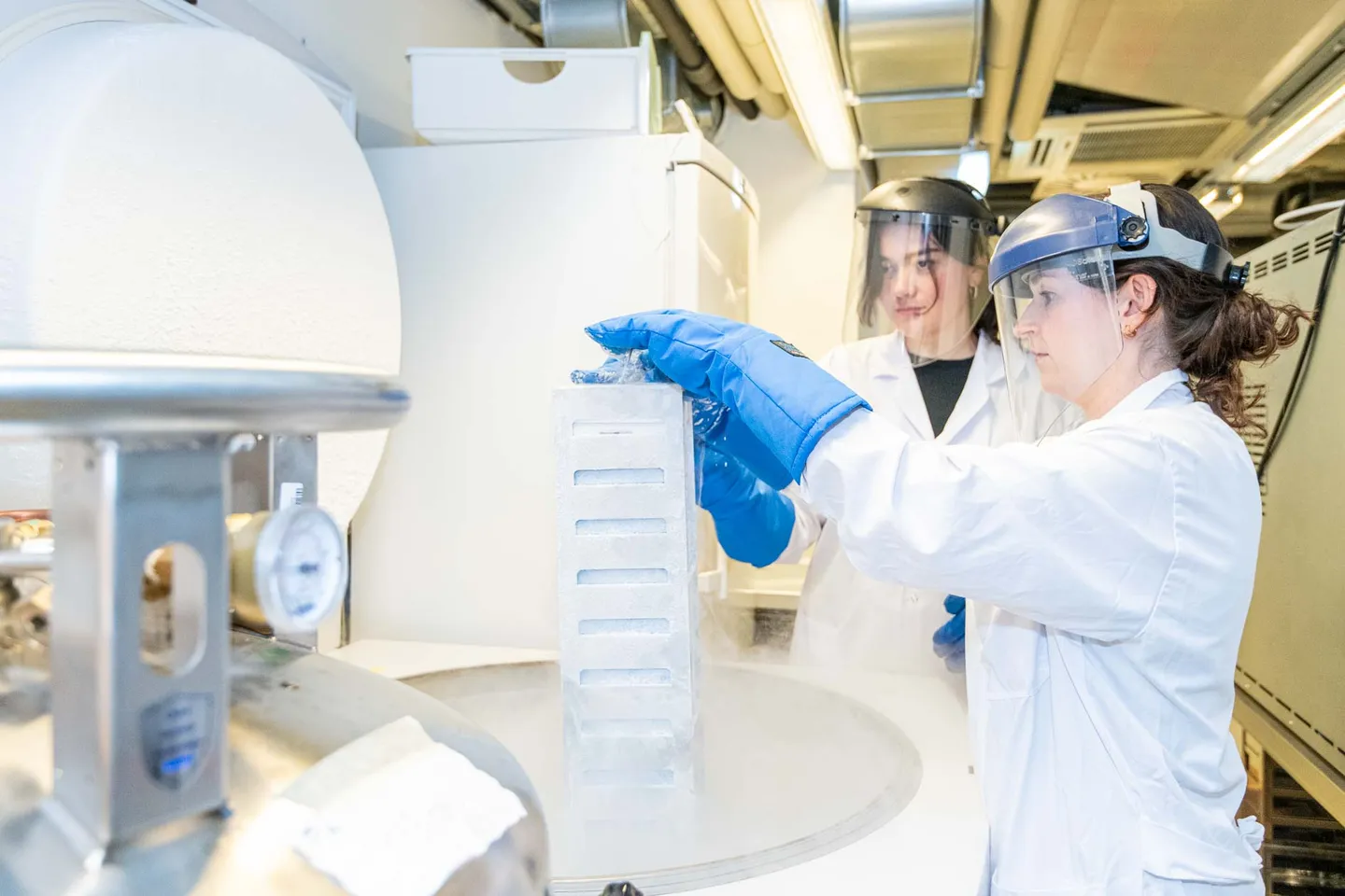 Laechelnde Forscherinnen mit Kryorack im Labor bei ParallelBio, Business Portrait Wien
