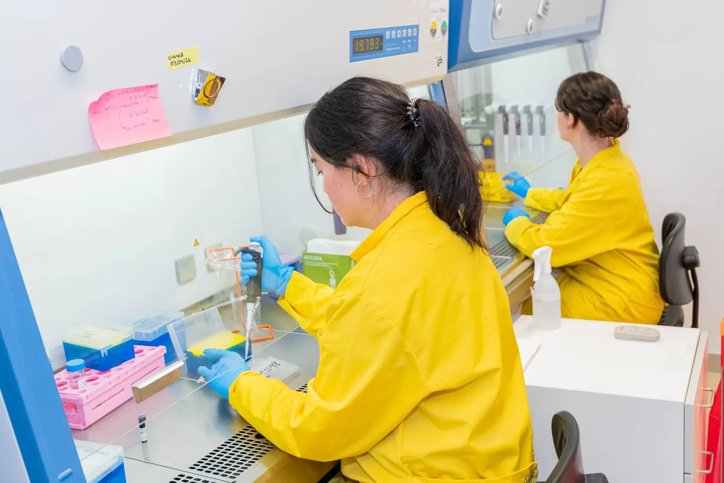 Forscherin bei Pipettierarbeit im Reinraumlabor von ParallelBio, Business Portrait Wien