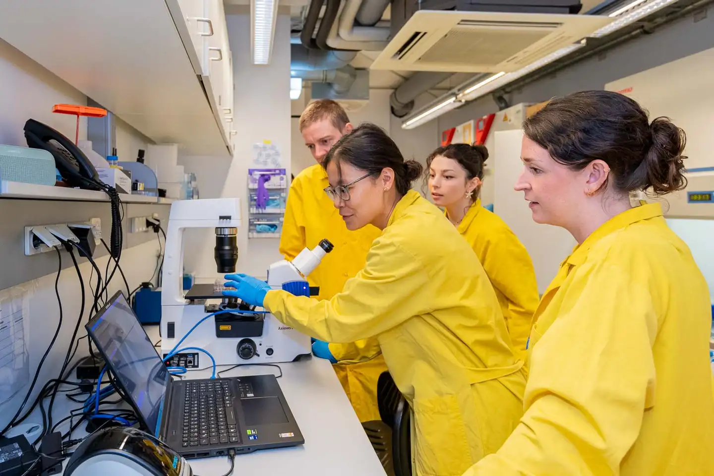 Biotech-Team bei der Zellanalyse am Mikroskop und Monitor, Firmenfotograf Wien