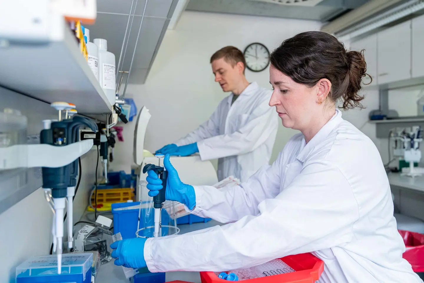 Forscherin pipettiert konzentriert am Labortisch bei ParallelBio, Firmenfotografie Wien