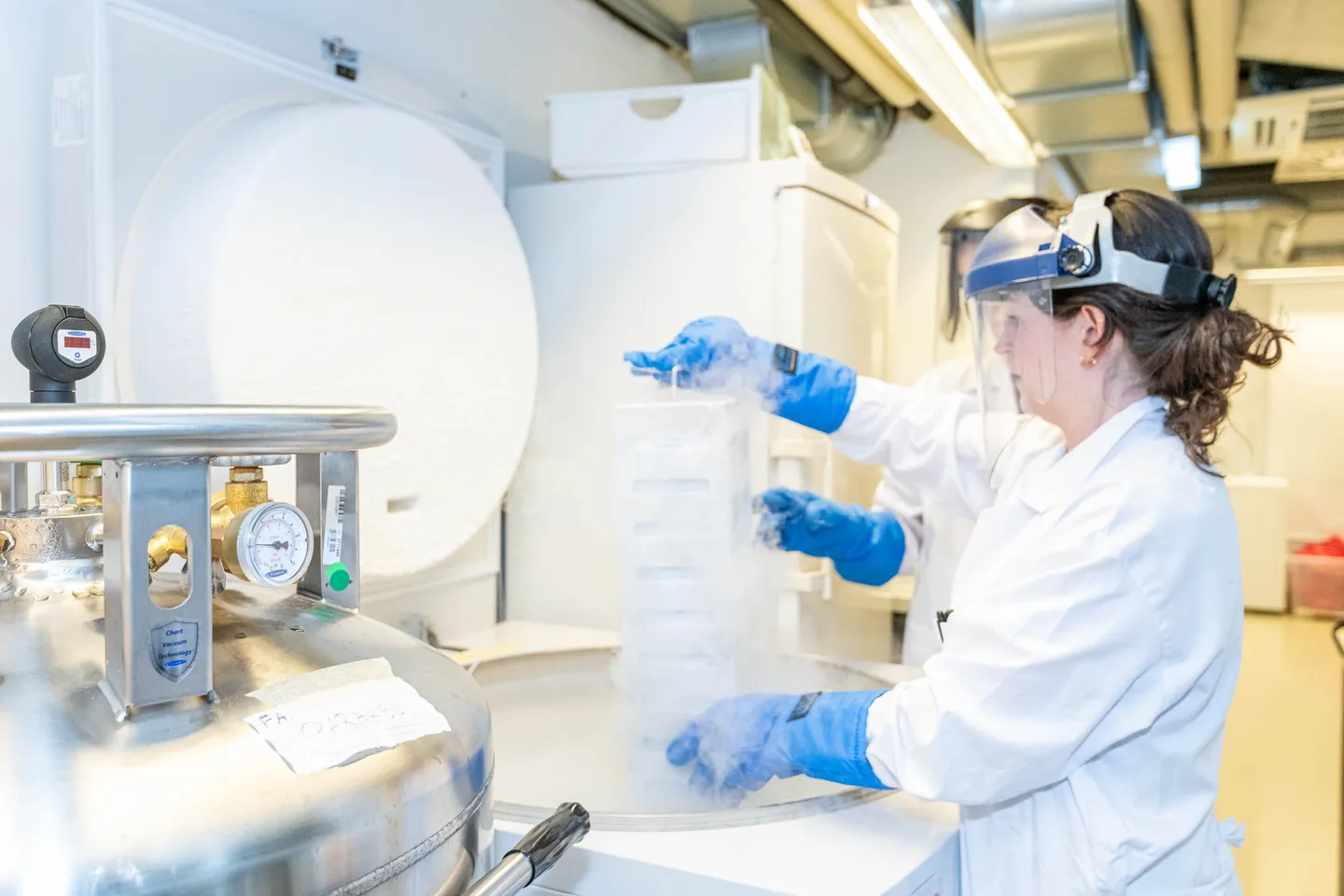 Forscherinnen bei Teamarbeit mit Kryoproben am Stickstofftank, Mitarbeiterfotos Wien