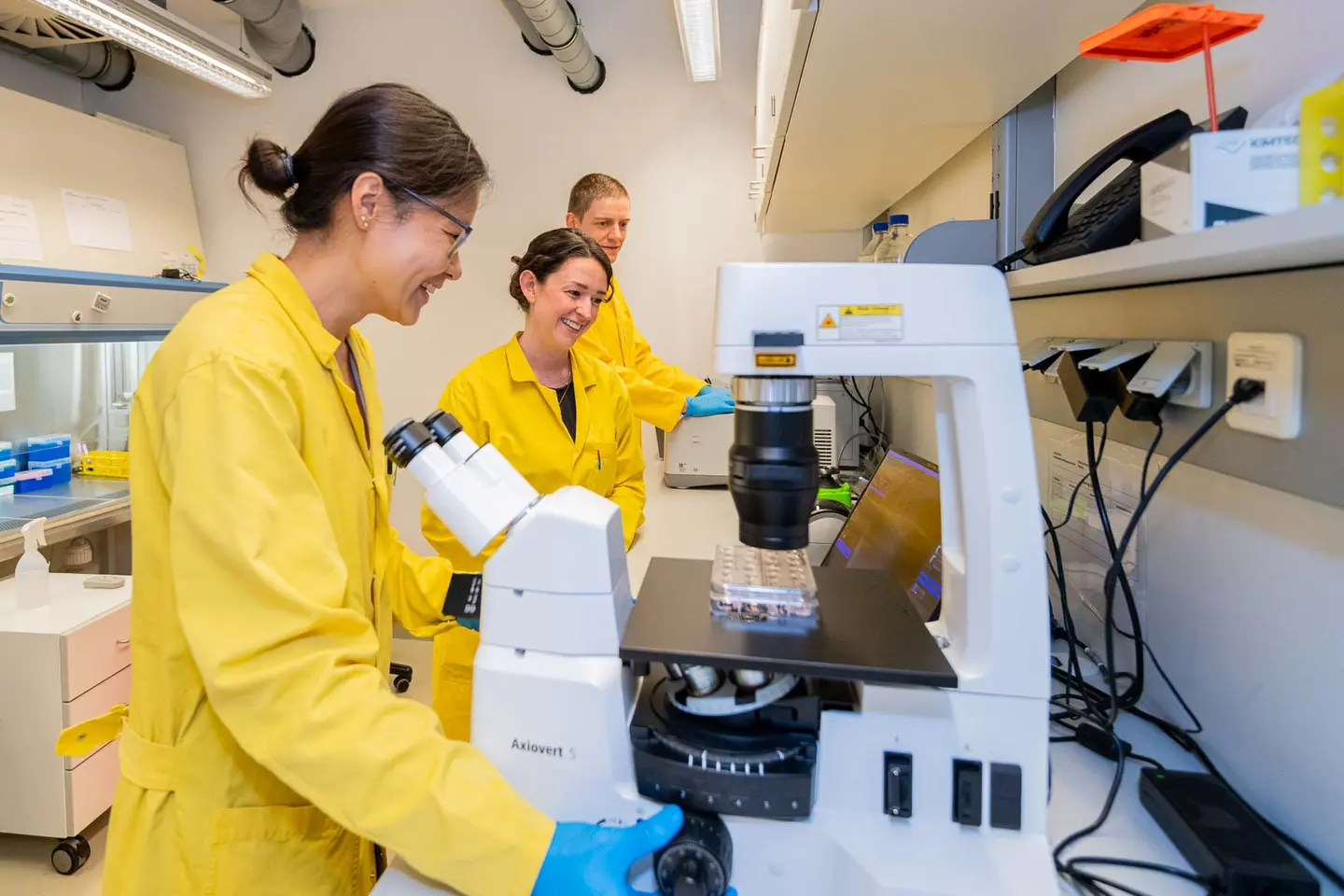 Freudige Forscherin bei der Mikroskoparbeit im Biotech-Labor, Mitarbeiterfotos Wien