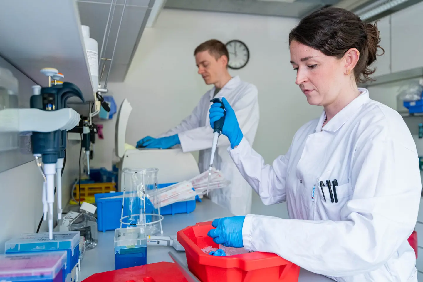 Laborantin mit Pipette und Proben am Arbeitsplatz, Mitarbeiterfotos Wien