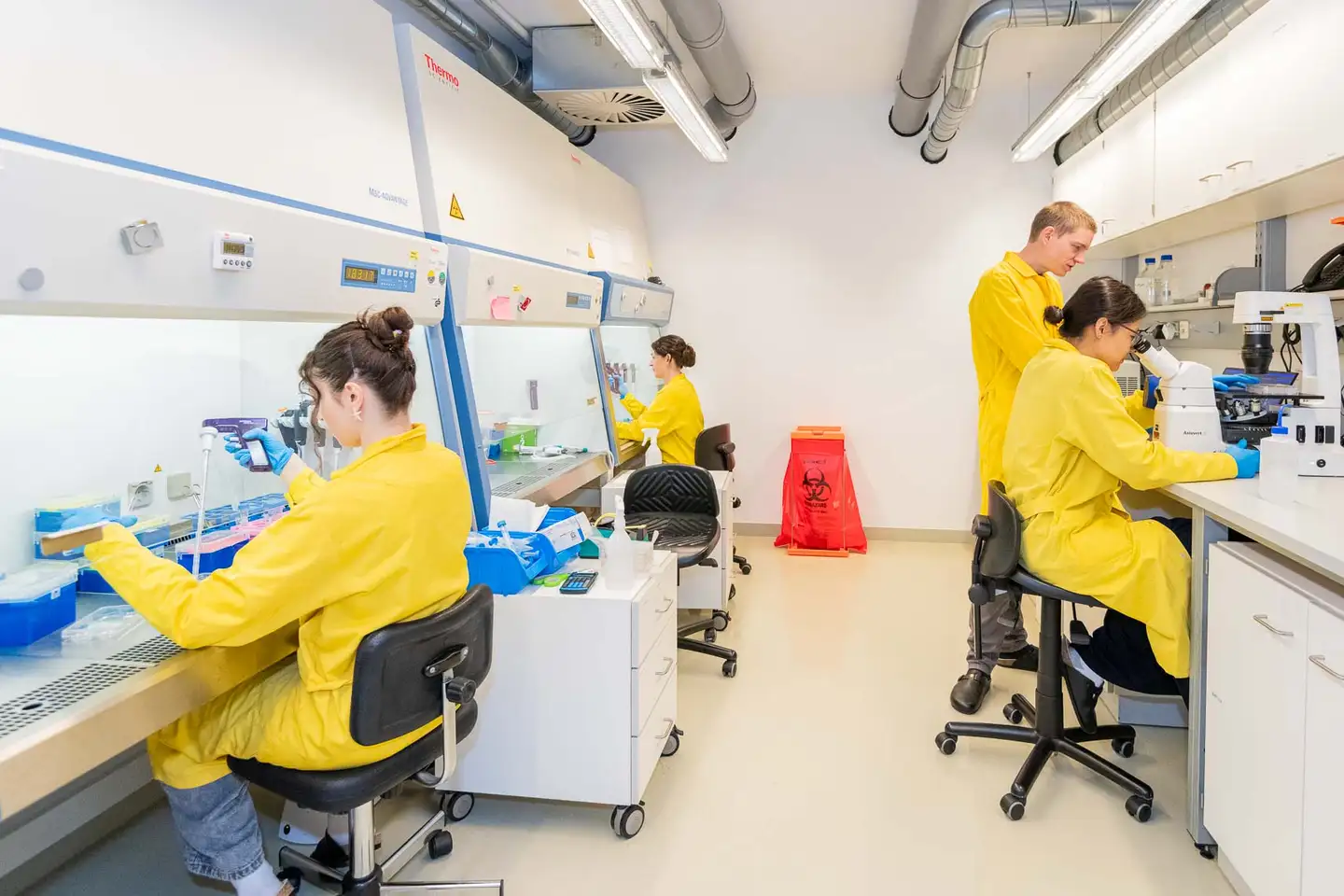 Vier Mitarbeiter an ihren Arbeitsplaetzen im Biotech-Labor, Teamfotografie Wien