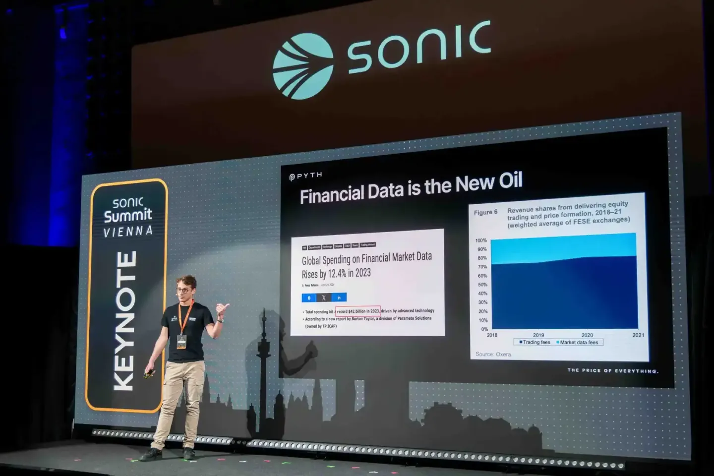 Eventfotograf präsentiert auf der Sonic Summit Vienna Keynote über Financial Data mit Publikumsinteraktion