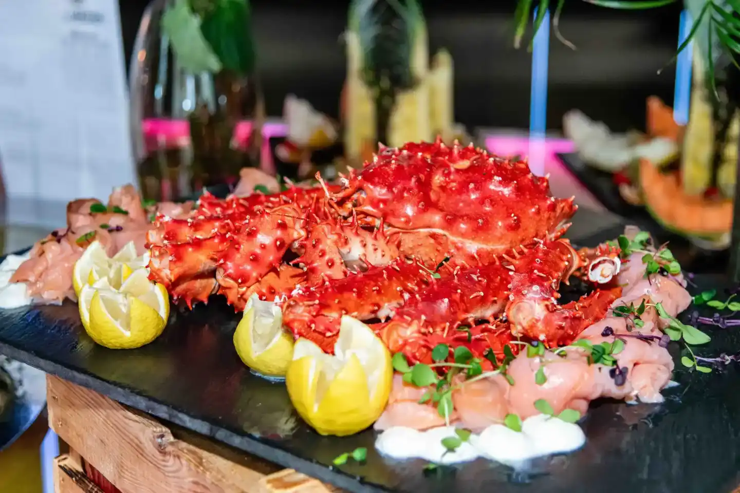 Luxuriös angerichtete rote Königskrabben mit Zitronenscheiben und Kräutern auf schwarzem Schiefer bei einem Wiener Firmeneven