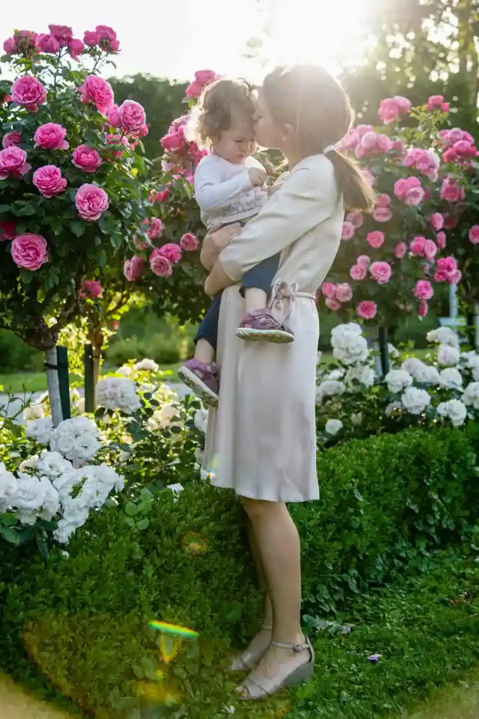 Mutter hält ihr Kleinkind im rosafarbenen Rosengarten bei Sonnenlicht – professionelle Familienfotografie Wien