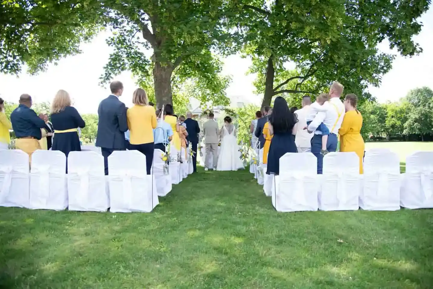 Hochzeitsgäste in eleganter Kleidung sitzen unter grünen Bäumen auf einer grünen Wiese bei einer Hochzeitszeremonie in Wien